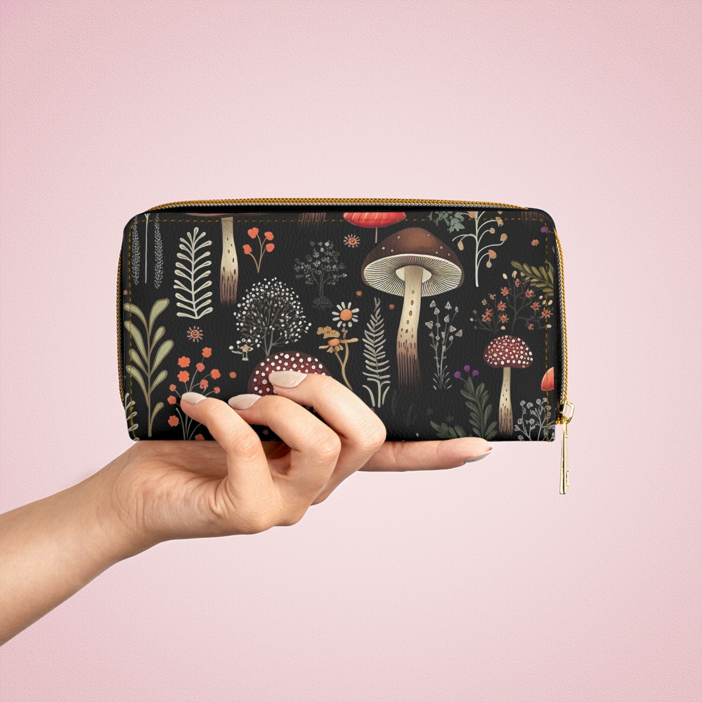 Dark Forest Zipper Wallet | Fungi, Mushroom, Flowers Wallet Design