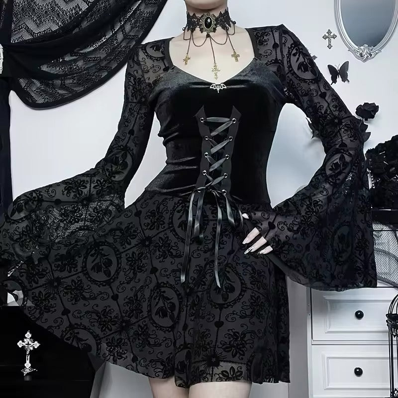 Elegant Goth Black Floral - Mesh/Lace Dress | Gothic, Emo, Long Sleeve, Corset Dress