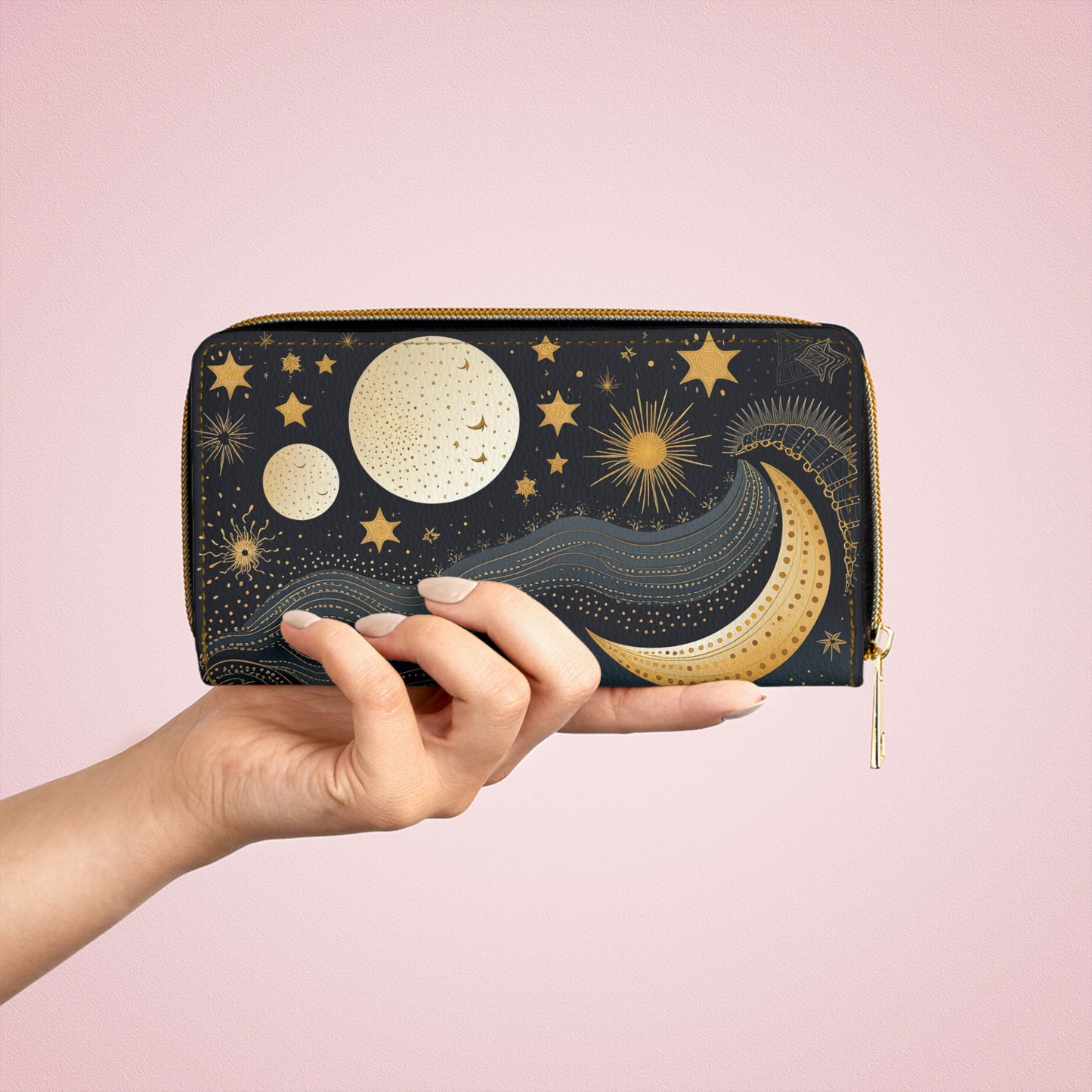 Celestial Moon Zipper Wallet | Cosmic Stars Wallet Design