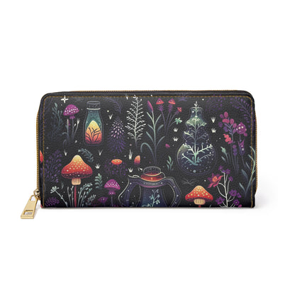 Fungi Mushroom Zipper Wallet | Witchy Dark Forest Aesthetic | Purple Foliage, Eerie and Mysticle Orignal Design | Secure Cards and Money