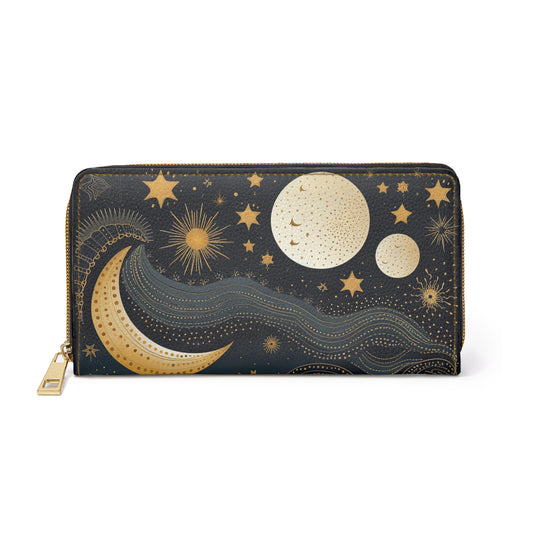 Celestial Moon Zipper Wallet | Cosmic Stars Wallet Design