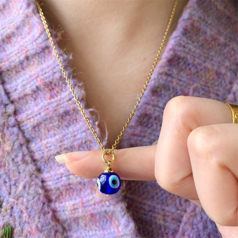 Turkish Evil Eye Necklace Blue Glass Pendant | Stainless Steel Chain