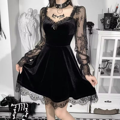 Elegant Goth Black Floral - Lace Dress | Gothic, Emo, Long Sleeve, Corset Dress