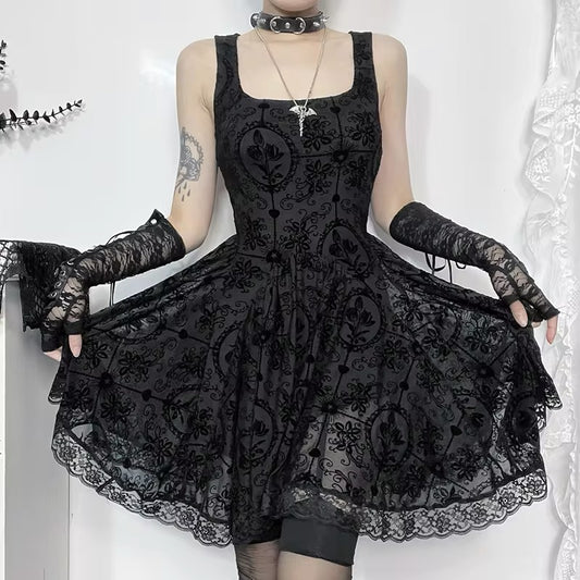 Gothic Black Floral - Mesh/Lace Dress | Goth, Emo, Sleeve Option