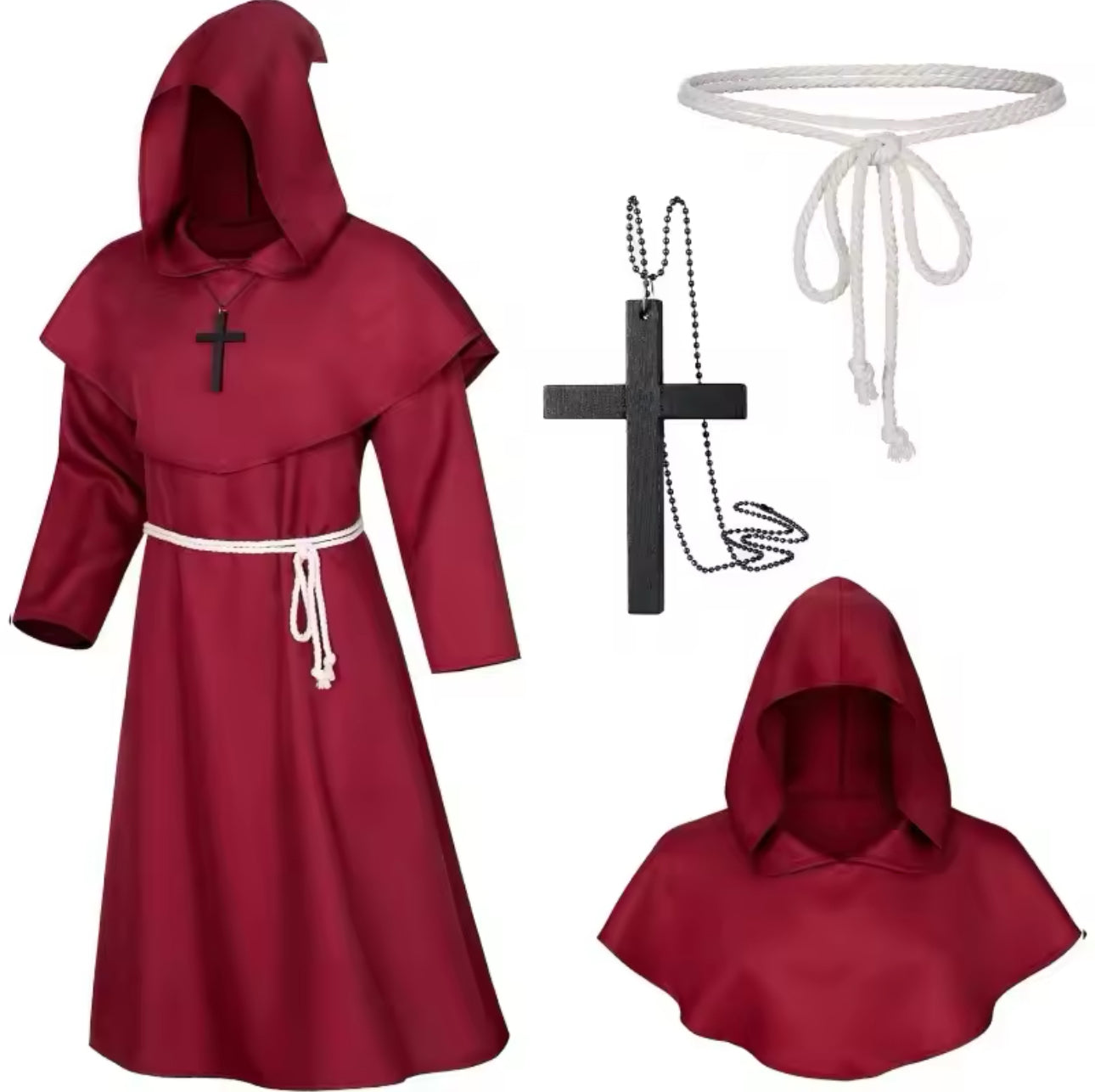 Priest Cosplay Costume Set | Cross Necklace, Rope Belt | Red, Black, Brown, Grey