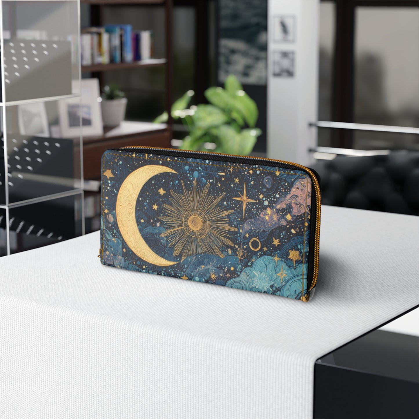 Whimsigoth Moon & Sun Celestial Zipper Wallet — Whimsical Nightscape Wallet