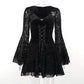 Elegant Goth Black Floral - Mesh/Lace Dress | Gothic, Emo, Long Sleeve, Corset Dress