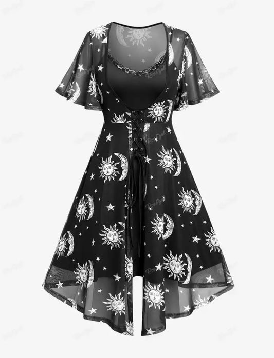 Celestial Sun - Moon Lace Dress  | 2-Piece, Gothic, Whimsigoth Style and Aesthetic