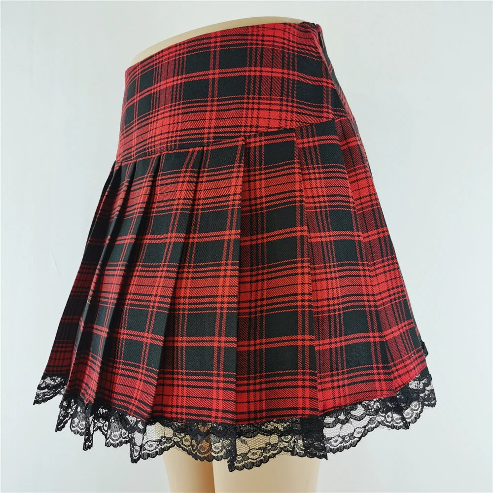 Red Plaid Lace Mini Skirt, Gothic and Emo Style