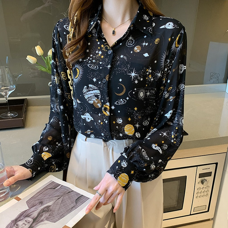 Women's Astrology Style Printed Long Sleeve Shirt | Planets, Stars, Cosmic Design