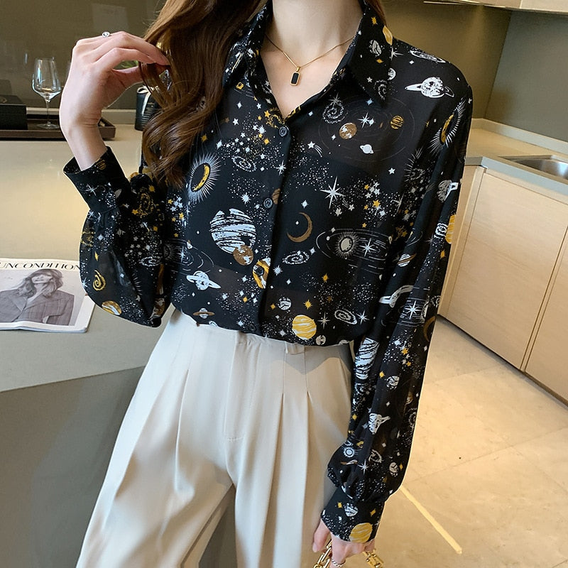 Women's Astrology Style Printed Long Sleeve Shirt | Planets, Stars, Cosmic Design