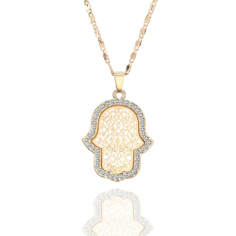18k Gold Plated Turkish Evil Eye Hand Hamsa Pendant Necklace and Earrings Set | Crystal Jewelry
