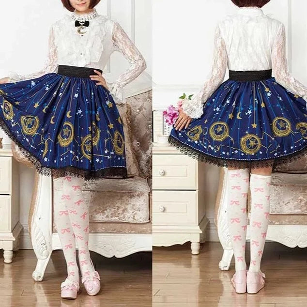Blue Celestial Elegant Skirt Moon | Star - Moon Lace Pattern Printed