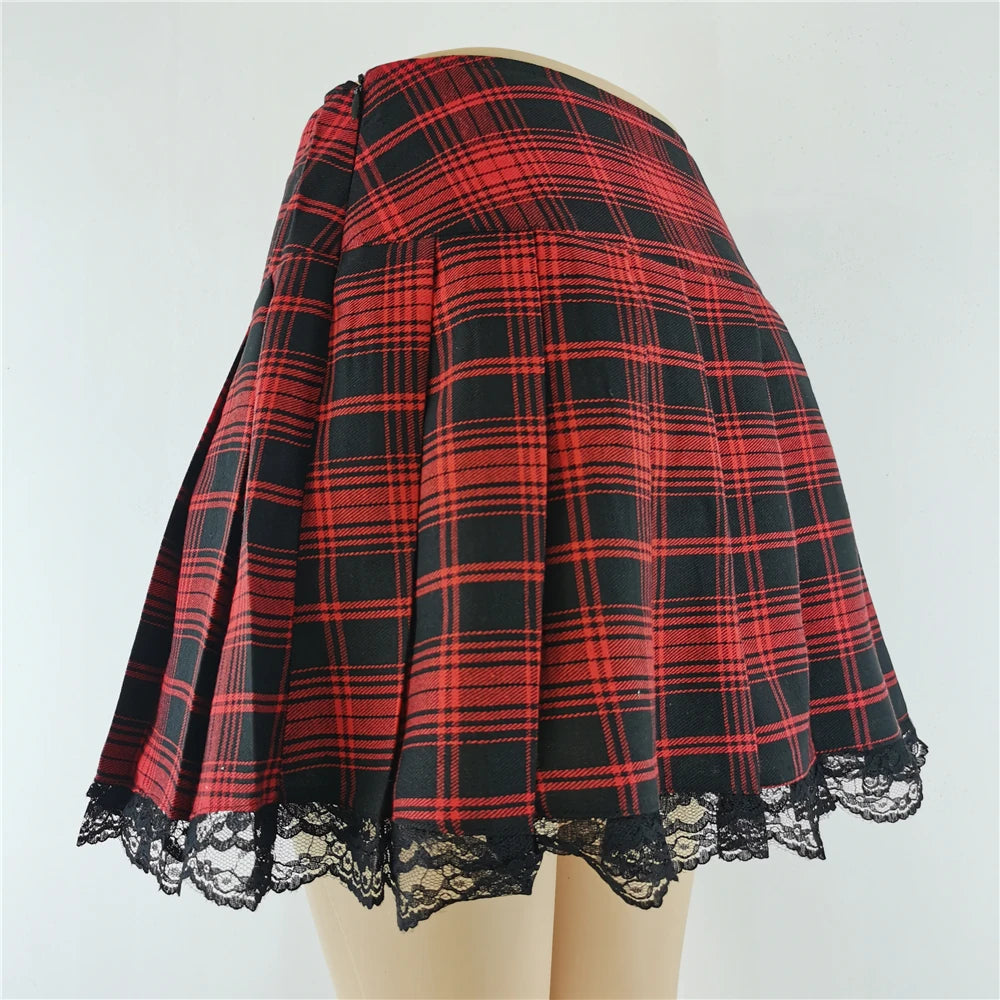 Red Plaid Lace Mini Skirt, Gothic and Emo Style