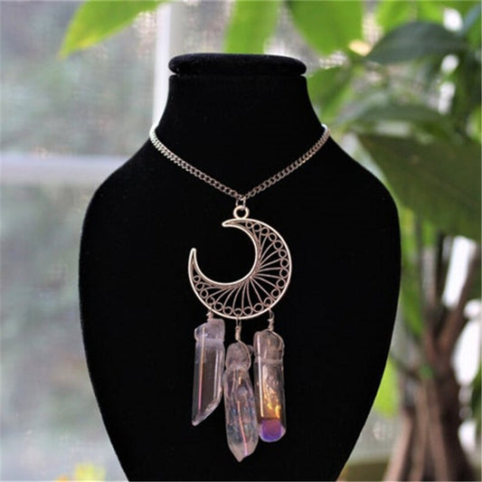 Natural Crystal Stone Crescent Moon Necklace | Clestial, Gothic, Spiritual Style