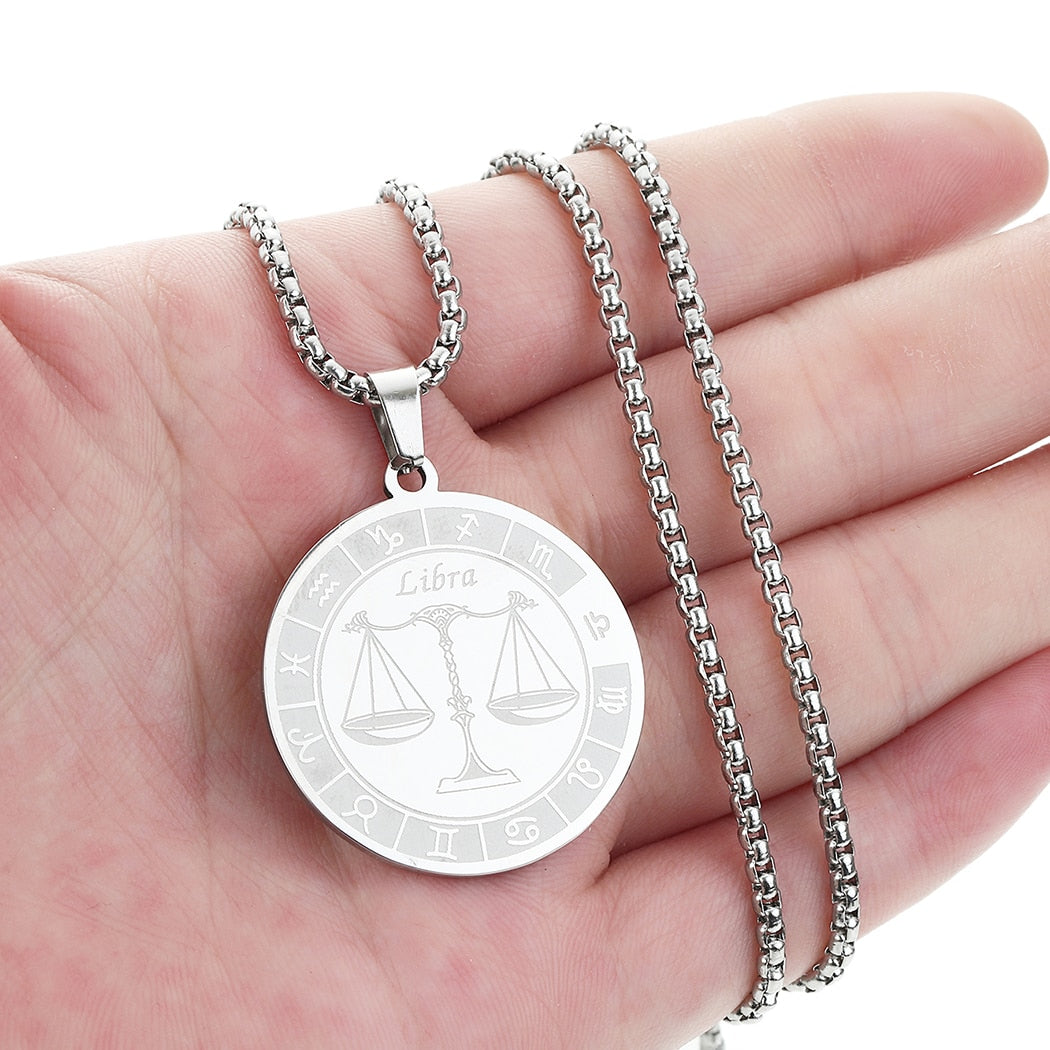 Stainless Steel Zodiac Sign Engraved Necklace | 12 Constellations