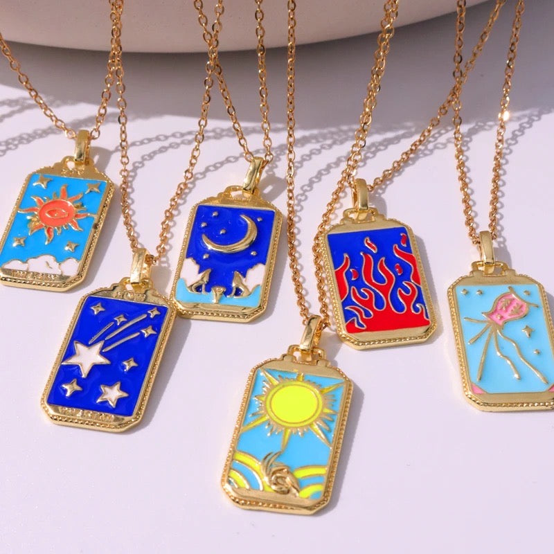 Dainty Gold Blue Enamel Tarot Card themed Necklaces