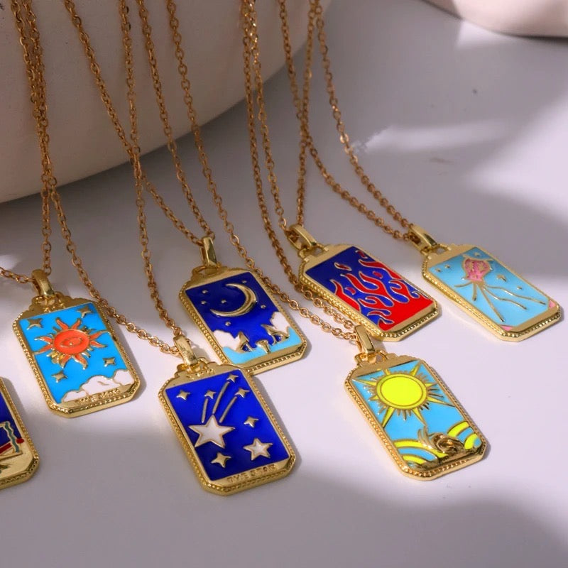 Dainty Gold Blue Enamel Tarot Card themed Necklaces