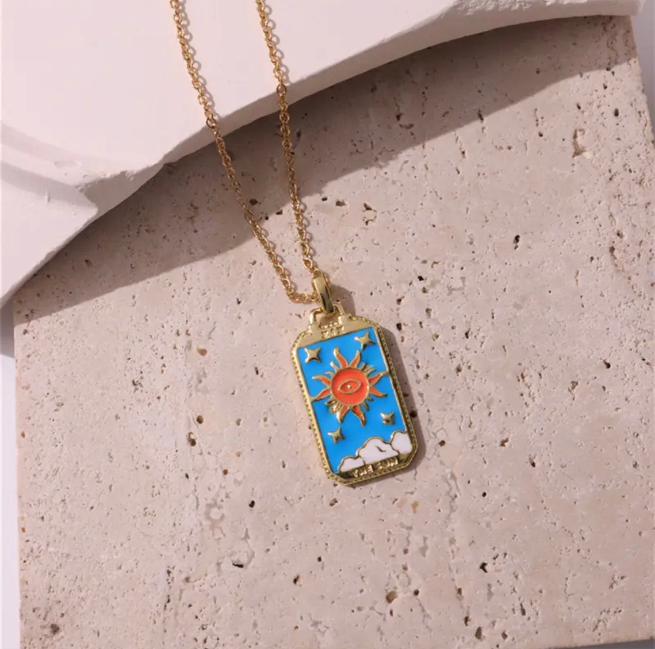 Dainty Gold Blue Enamel Tarot Card themed Necklaces