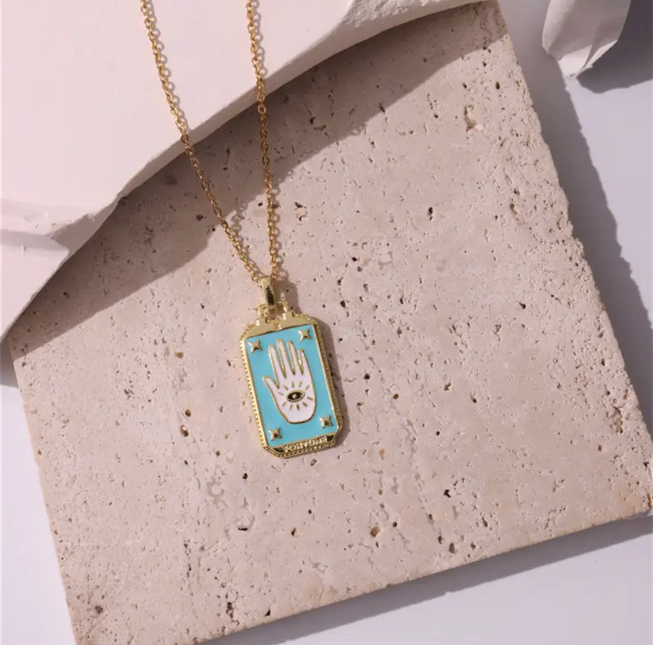 Dainty Gold Blue Enamel Tarot Card themed Necklaces