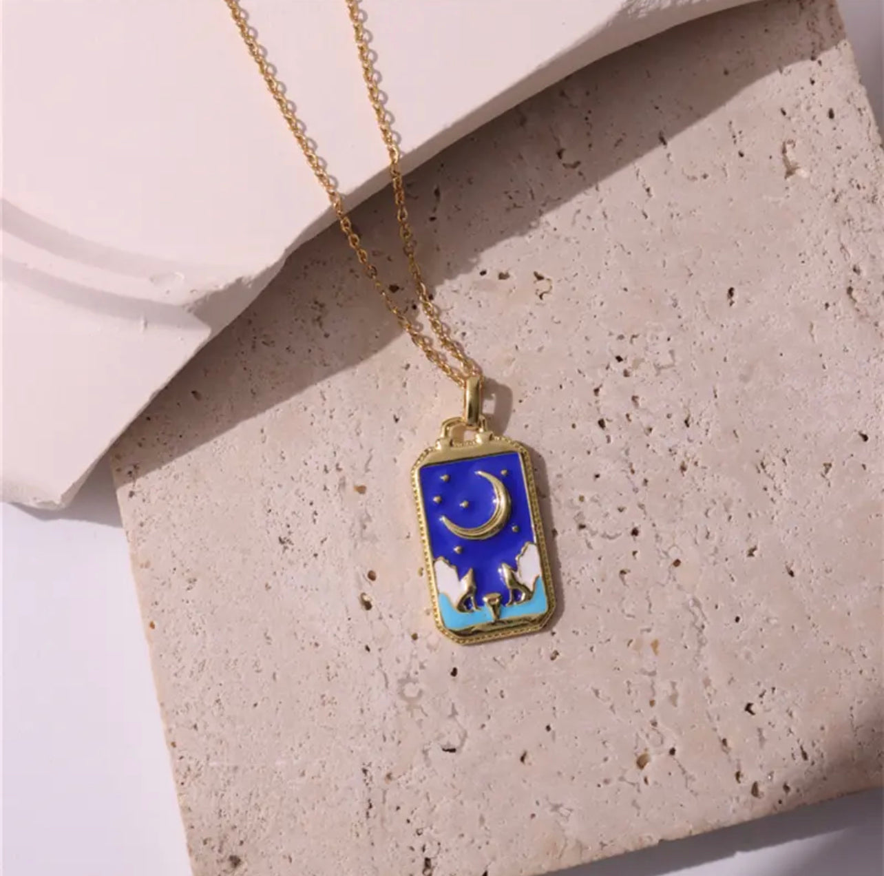 Dainty Gold Blue Enamel Tarot Card themed Necklaces