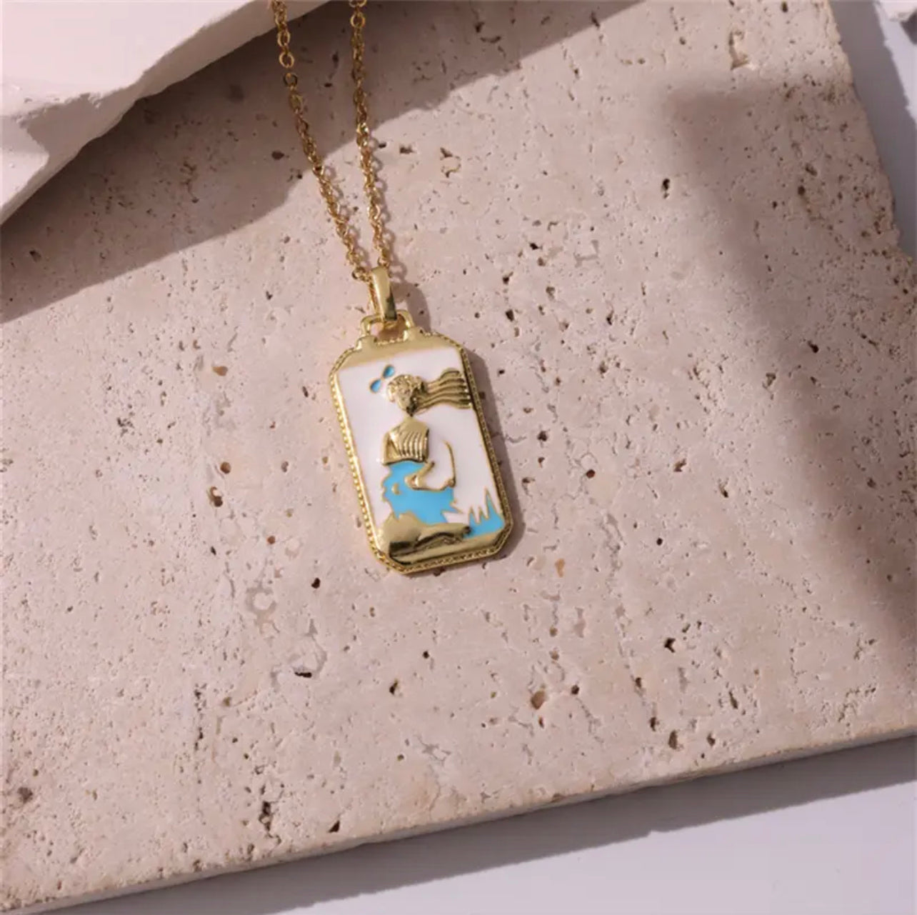 Dainty Gold Blue Enamel Tarot Card themed Necklaces