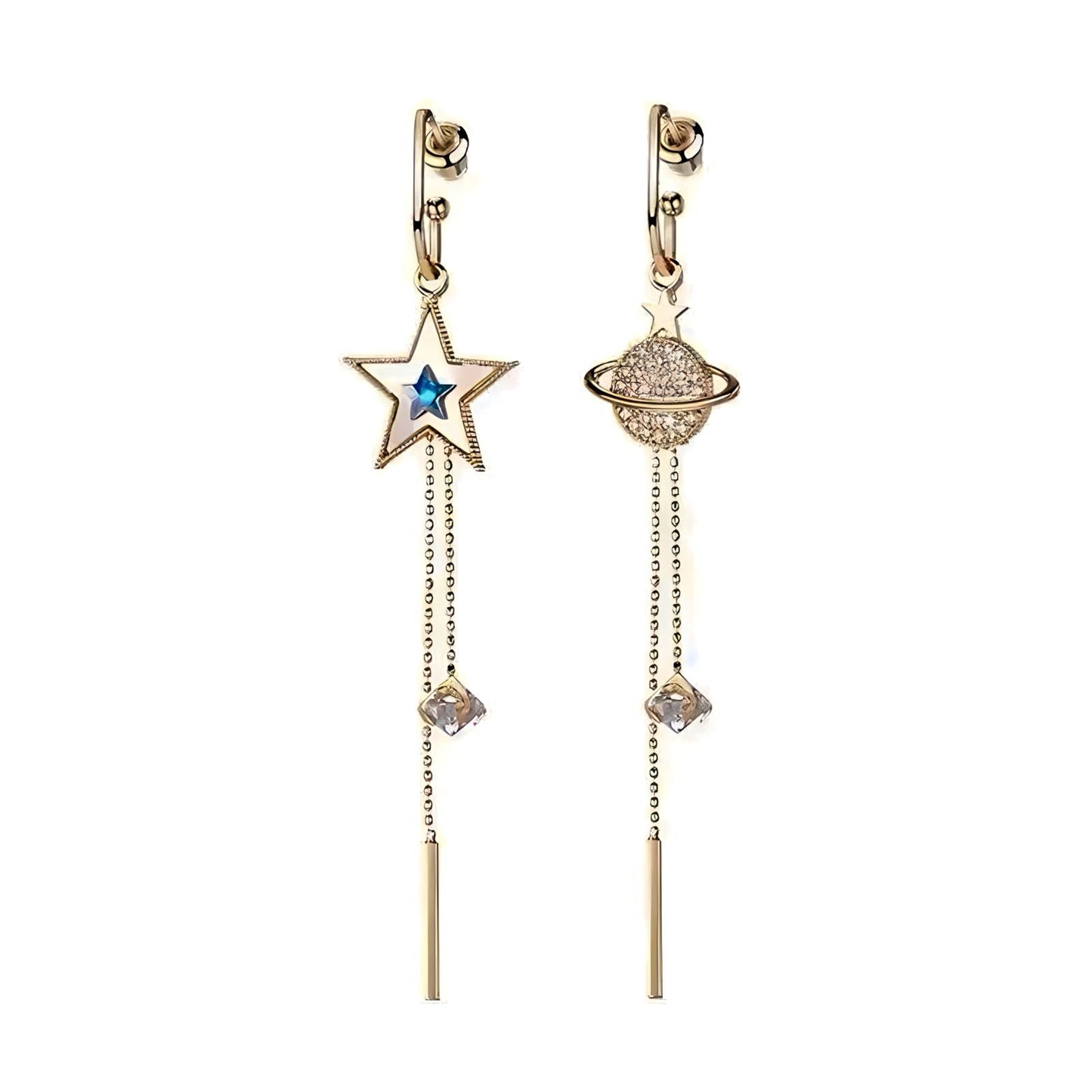 Celestial Drop Earrings | Gold Starry Planets, Saturn Design