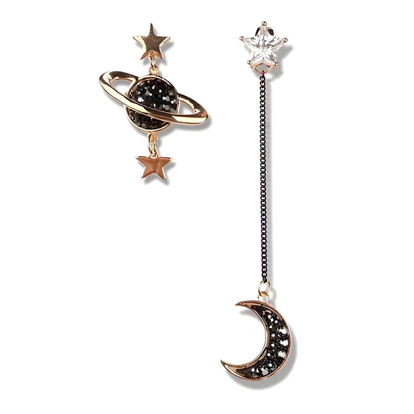 Celestial Drop Earrings | Stars, Planets, Moon, Saturn | Gold, Black