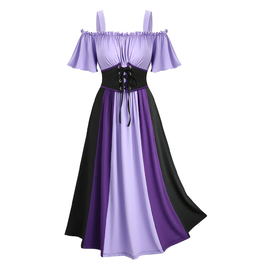 Purple Medieval Woman's Corset Dress, Aesthetic Ruffled Shoulders