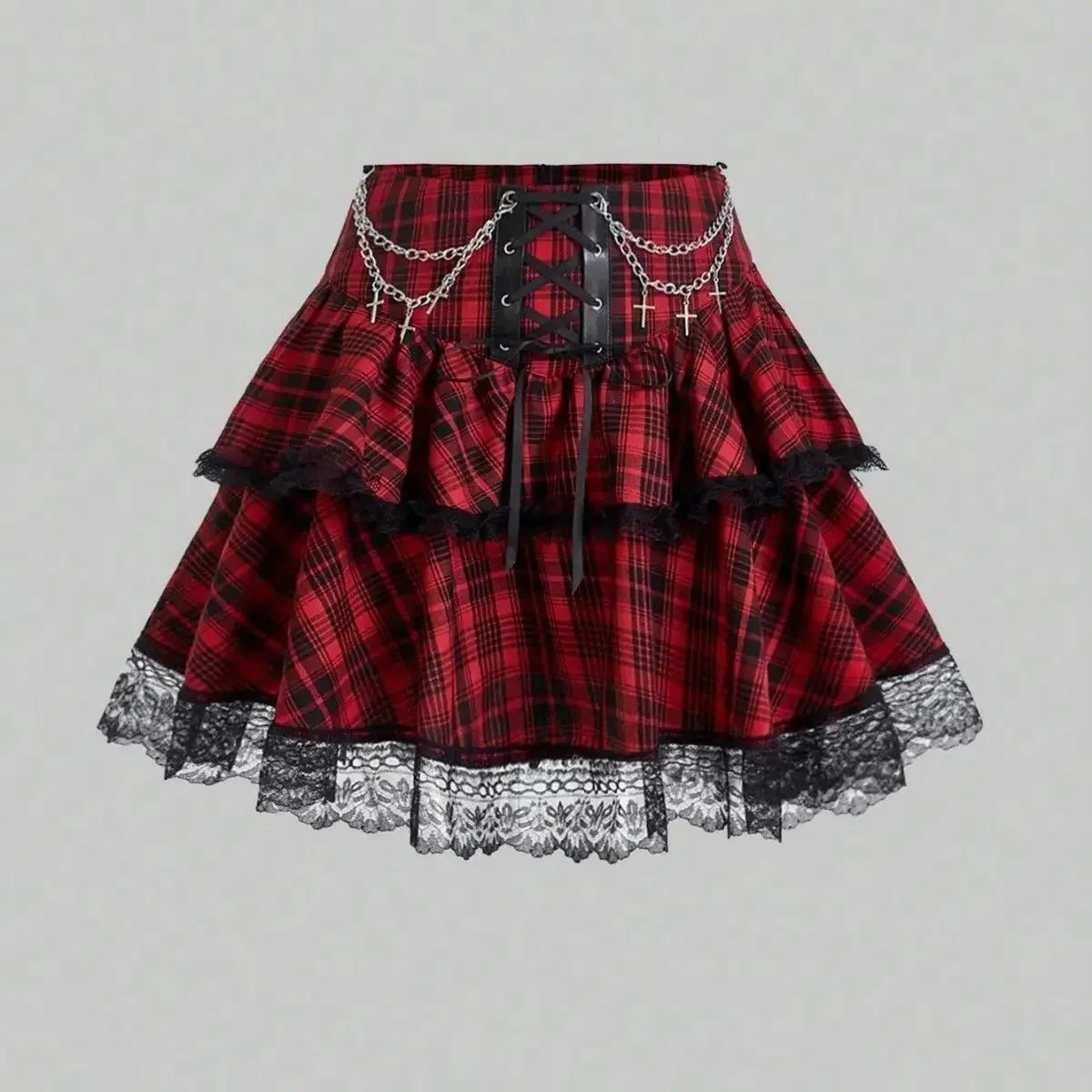 Pink and Red Plaid Gothic Mini Skirt, Emo and Whimsigothic Style