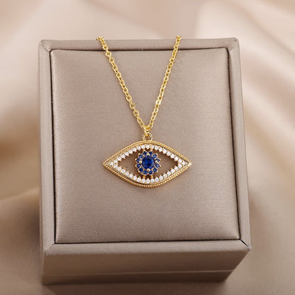 Turkish Evil Eye Gold Pendant Necklace for Women | Natural Crystal Cubic Zirconia