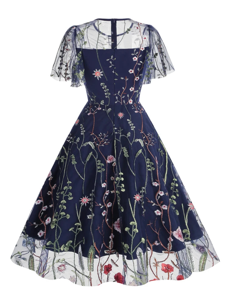 Elegant Floral Embroidered A-Line Dress with Mesh Butterfly Sleeves