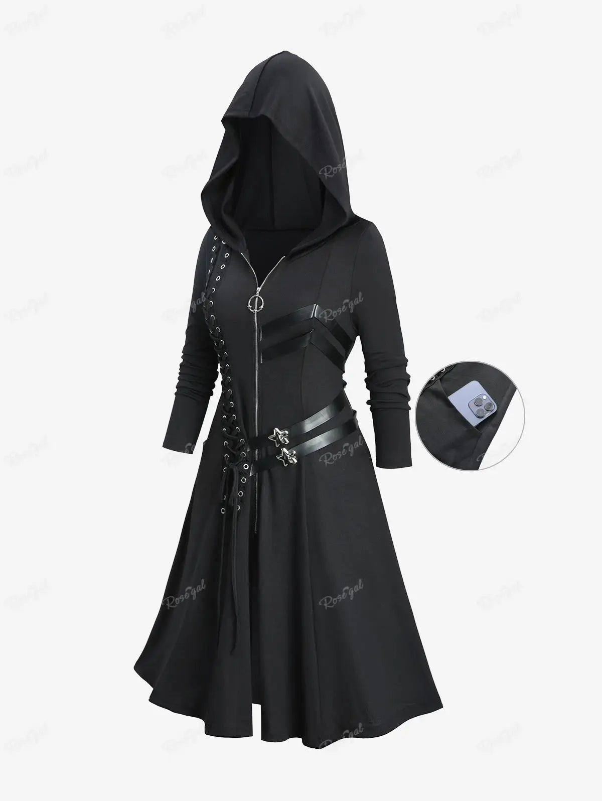 Gothic - Punk Women's Trench Coat, Black Emo, Wicca, Cosplay Apparel