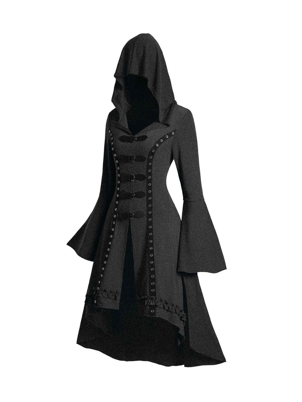 Women's Black, Red, and Blue Grommet Gothic Hooded Top Flare Sleeve Dress