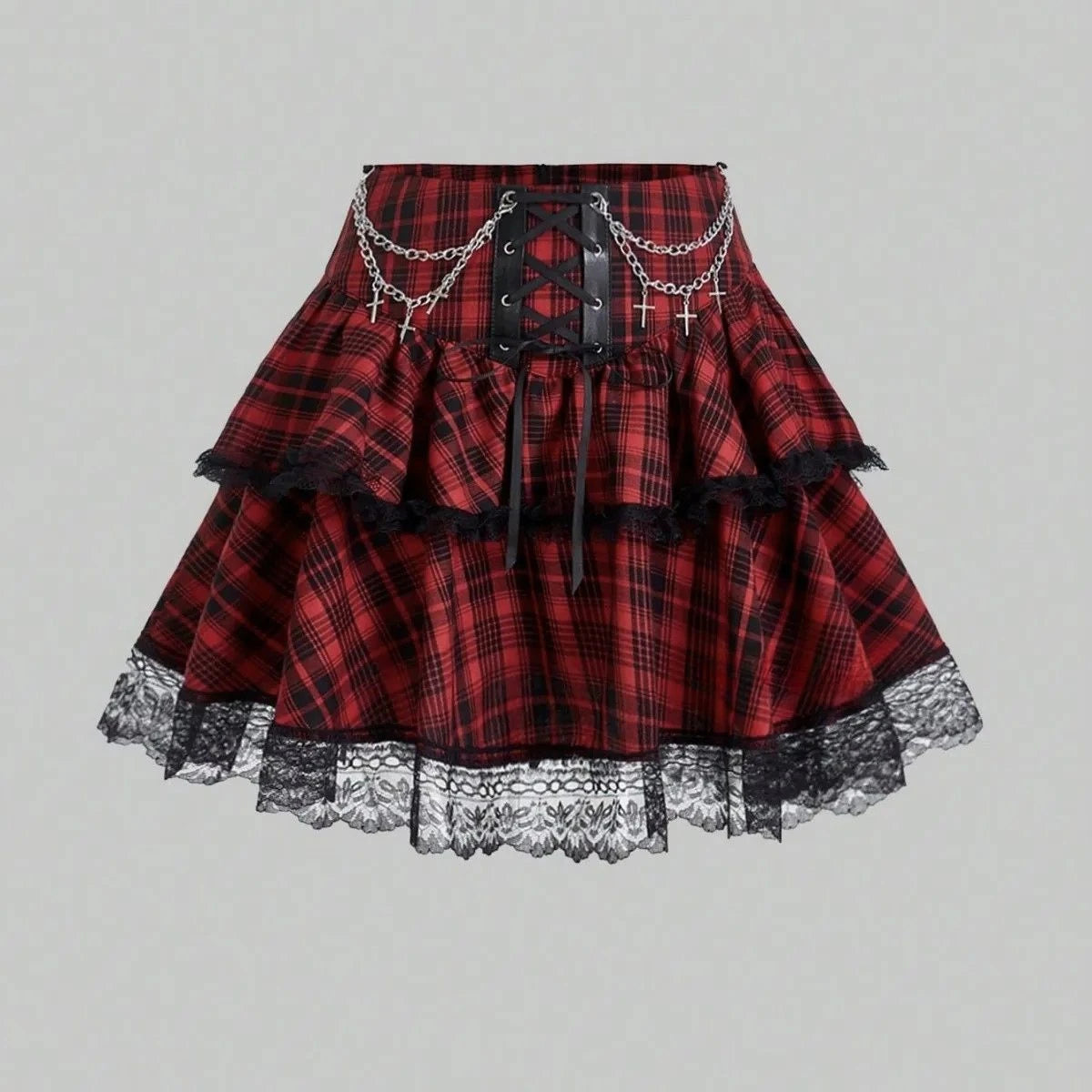 Pink and Red Plaid Gothic Mini Skirt, Emo and Whimsigothic Style