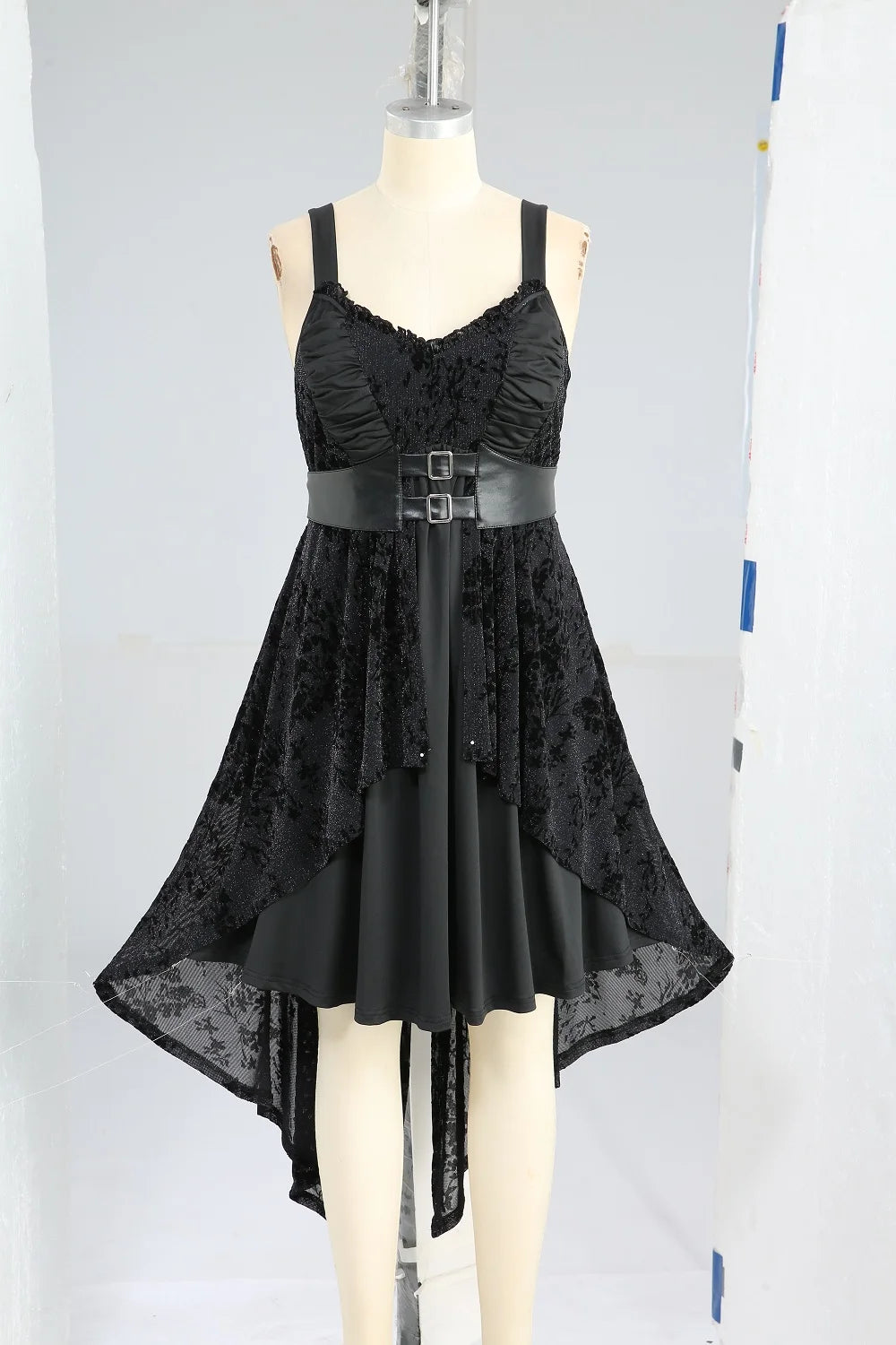 Women's Gothic Black Dress, Belt and Layered and Split