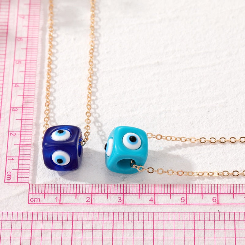 Aqua and Blue Cubed Evil Eye Pendant - Gold Link Chain Necklace. Size Measurements
