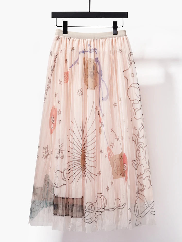 High-waisted Printed Celestial Mesh Skirt |Casual Black Whimsigothic Style