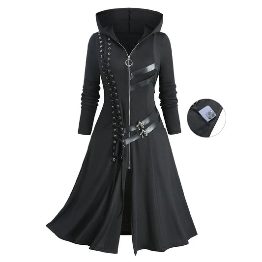 Gothic - Punk Women's Trench Coat, Black Emo, Wicca, Cosplay Apparel