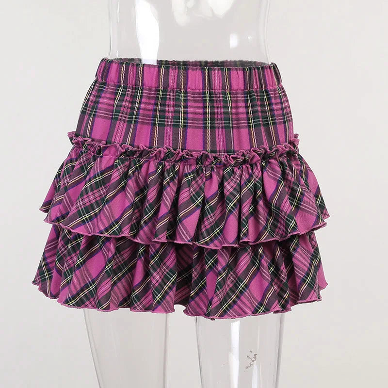 Pink and Red Whimsical Plaid Gothic Mini Skirt, Emo and Whimsigothic Style