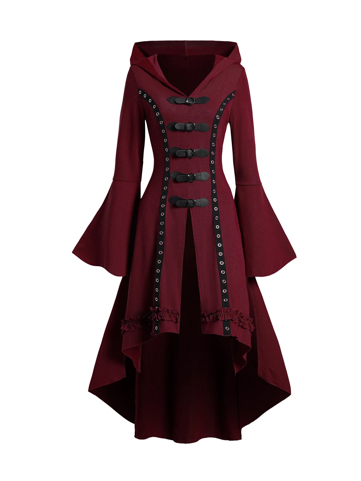 Women's Black, Red, and Blue Grommet Gothic Hooded Top Flare Sleeve Dress