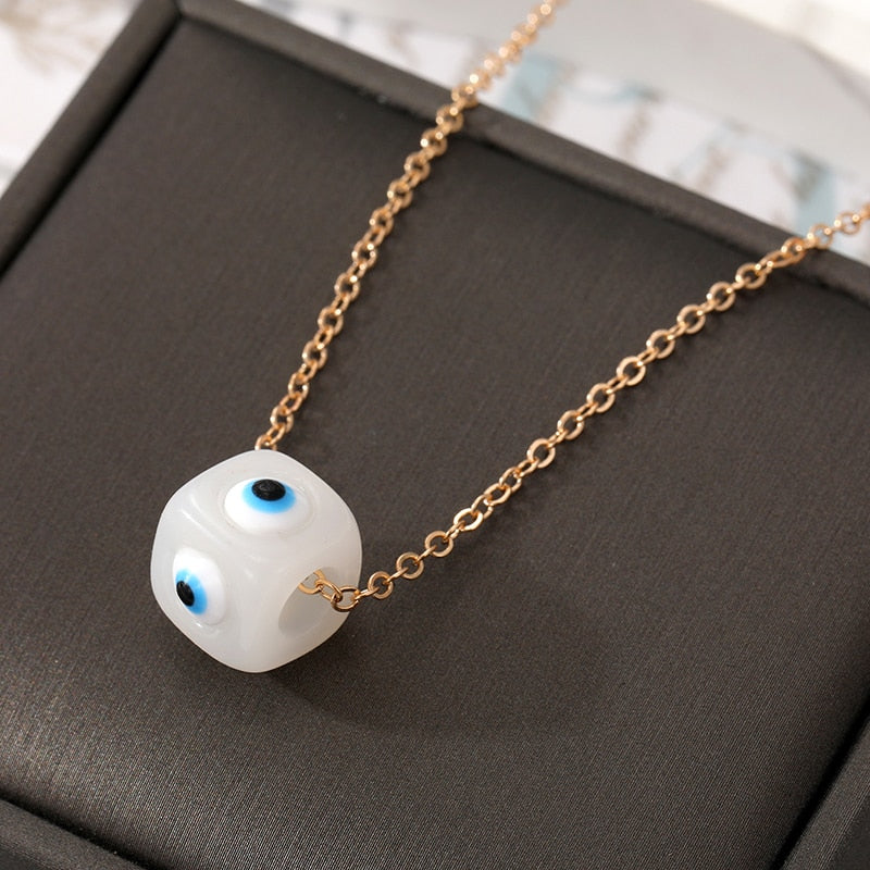White Cubed Evil Eye, Nazar Pendant - Necklace