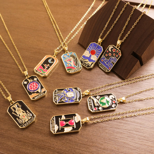 Gold Tarot Card Necklace, Stainless Steel and Bright Enamel Design