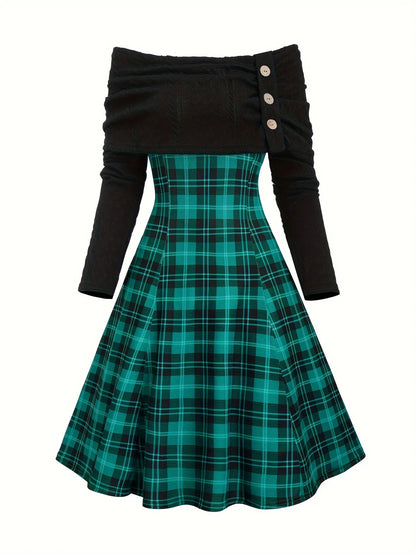 Green Plaid Elegant Dress, Woman's Gothic-Style Apparel