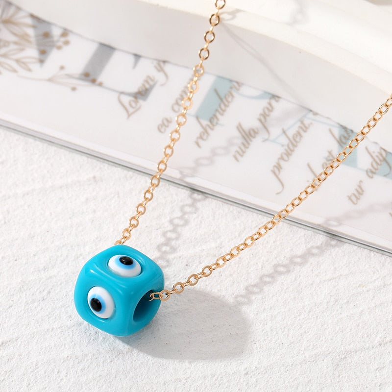 Blue Cubed Evil Eye, Nazar Pendant - Necklace