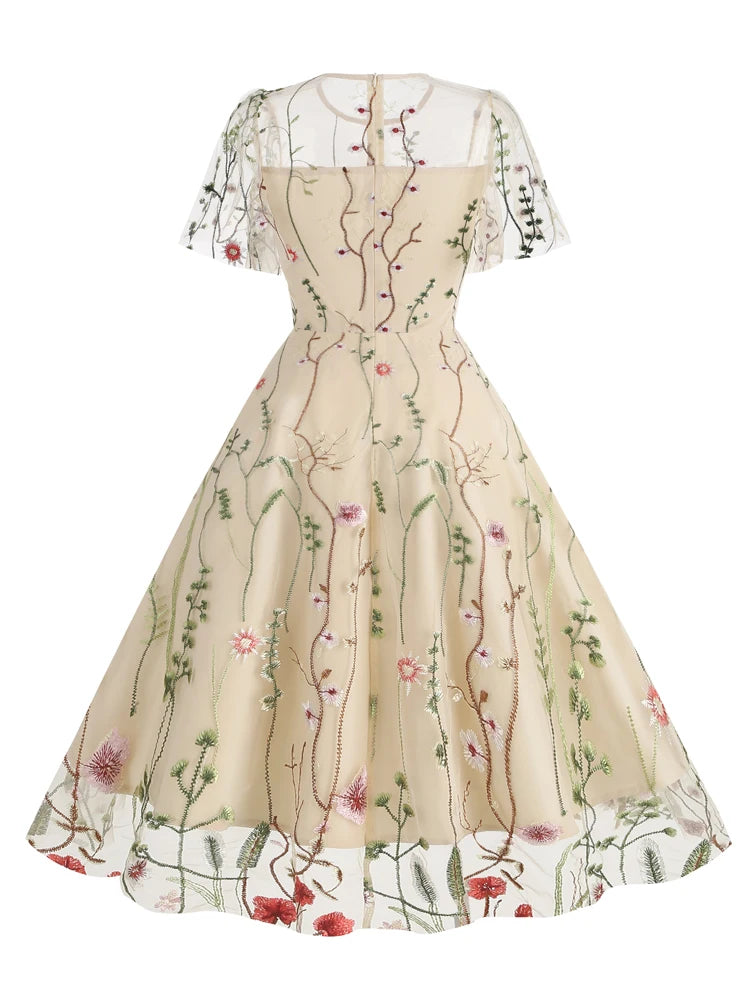 Elegant Floral Embroidered A-Line Dress with Mesh Butterfly Sleeves