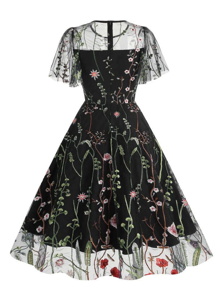 Elegant Floral Embroidered A-Line Dress with Mesh Butterfly Sleeves