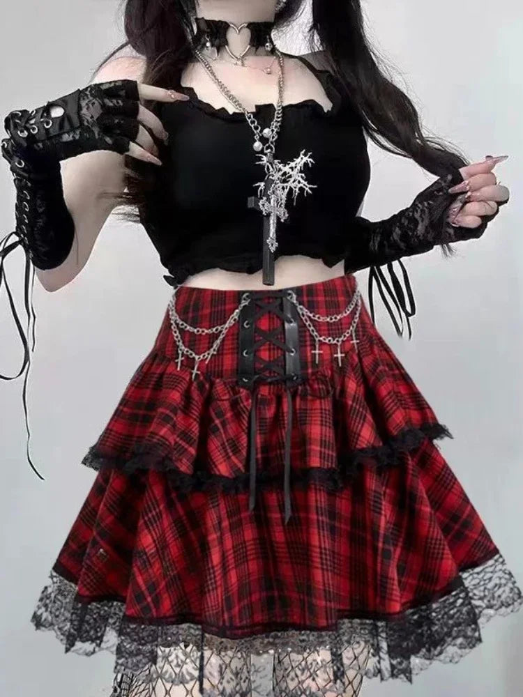 Pink and Red Plaid Gothic Mini Skirt, Emo and Whimsigothic Style