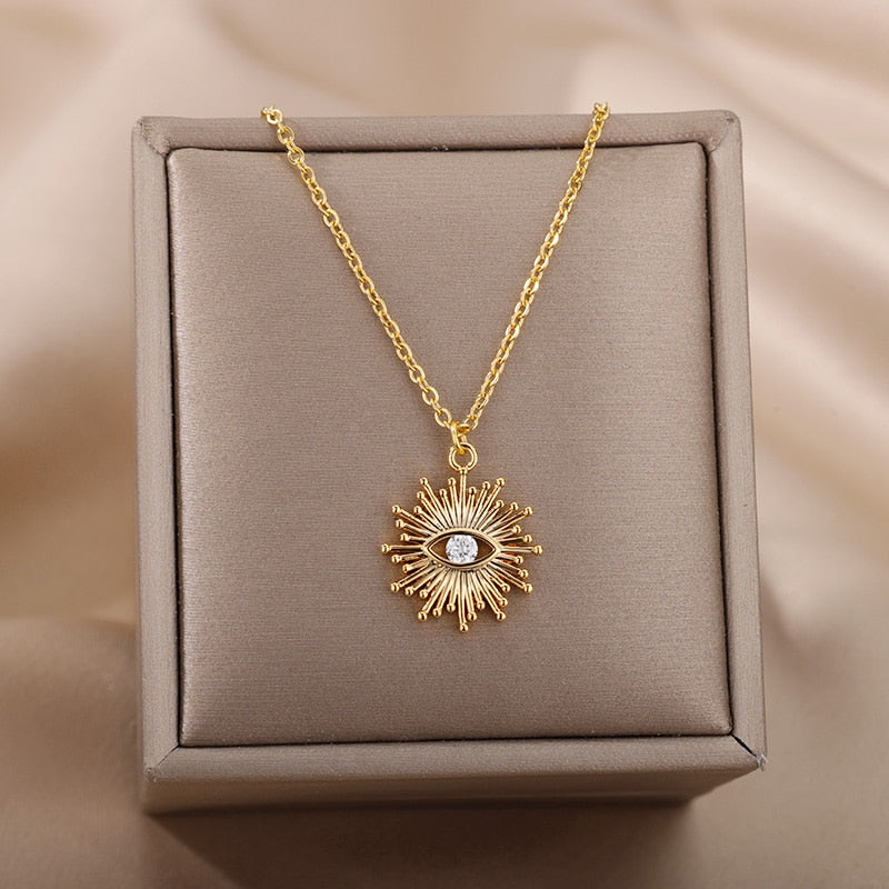 Turkish Evil Eye Gold Pendant Necklace for Women | Natural Crystal Cubic Zirconia