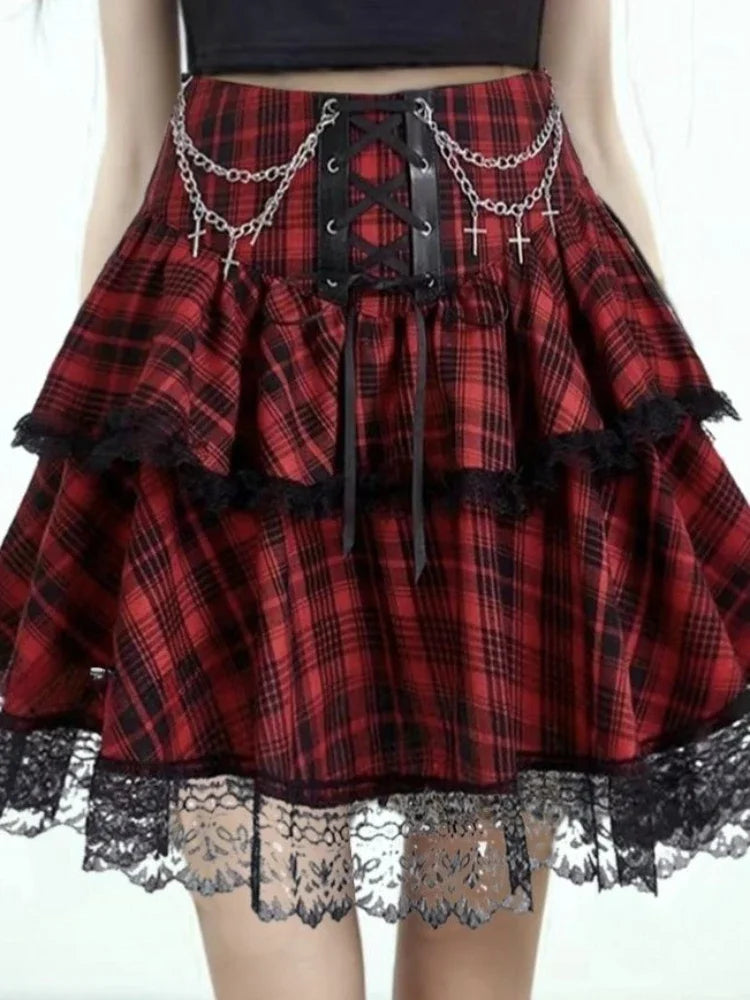 Pink and Red Plaid Gothic Mini Skirt, Emo and Whimsigothic Style